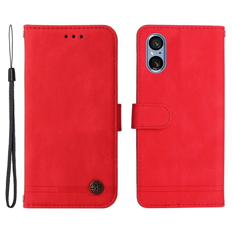 For Sony Xperia 5 V Leather Wallet Cases Skin Touch Phone Cover Stand with Strap - Red