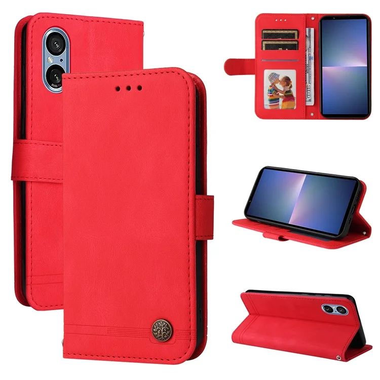 For Sony Xperia 5 V Leather Wallet Cases Skin Touch Phone Cover Stand with Strap - Red