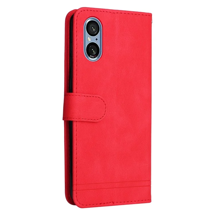 For Sony Xperia 5 V Leather Wallet Cases Skin Touch Phone Cover Stand with Strap - Red
