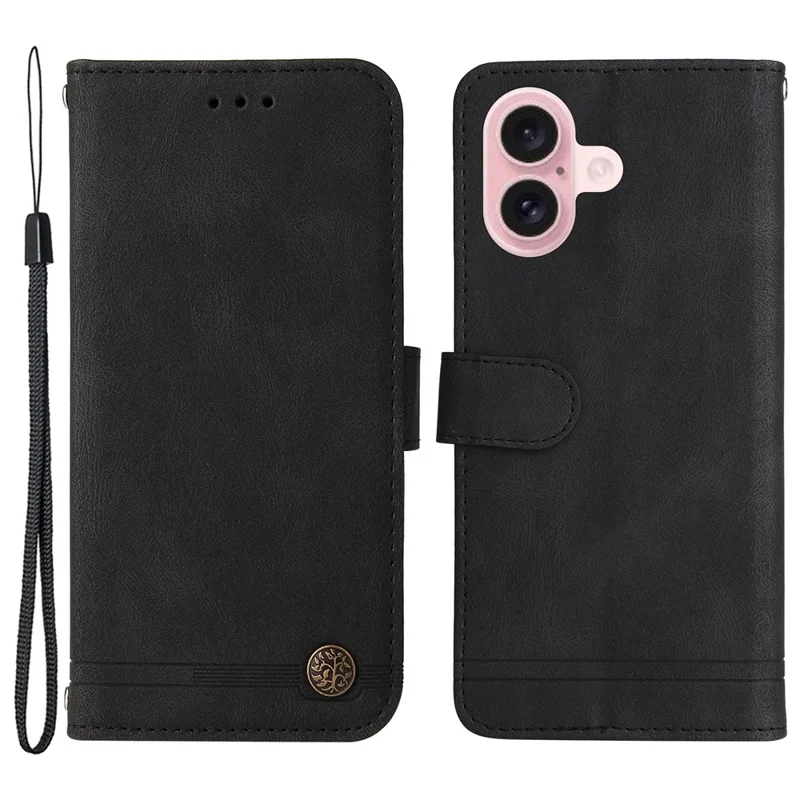 For iPhone 16 Leather Wallet Cases Skin Touch Phone Cover Stand with Strap - Black