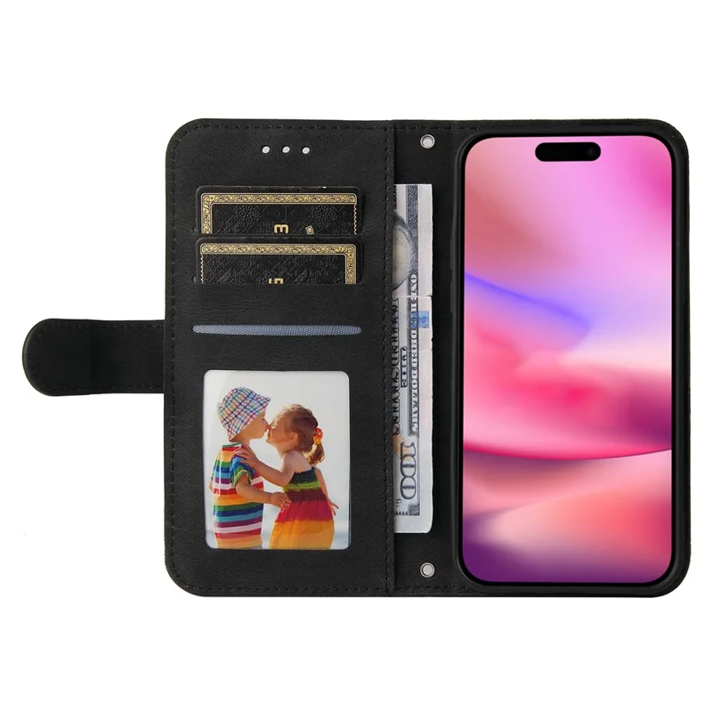 For iPhone 16 Leather Wallet Cases Skin Touch Phone Cover Stand with Strap - Black