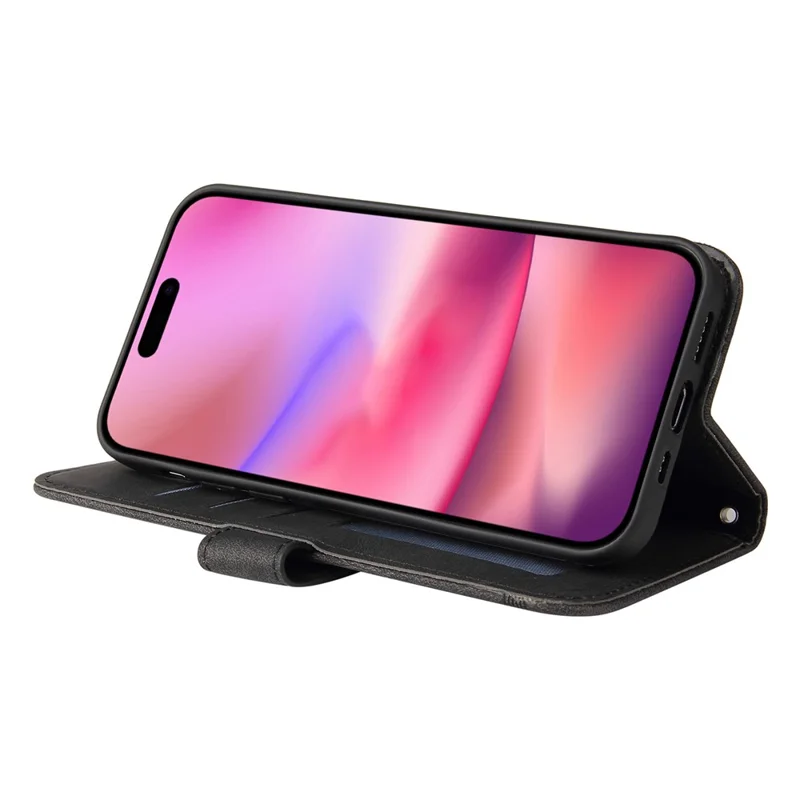 For iPhone 16 Leather Wallet Cases Skin Touch Phone Cover Stand with Strap - Black
