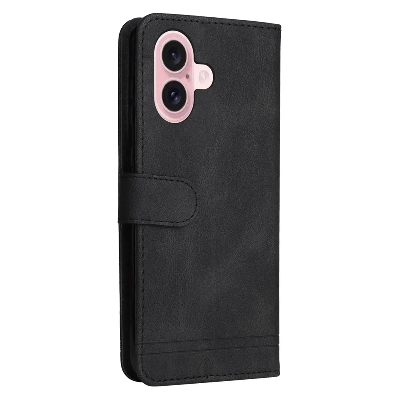 For iPhone 16 Leather Wallet Cases Skin Touch Phone Cover Stand with Strap - Black