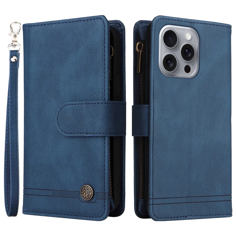 For iPhone 16 Pro Max Case Zipper Pocket Hand Strap Leather Phone Cover - Blue