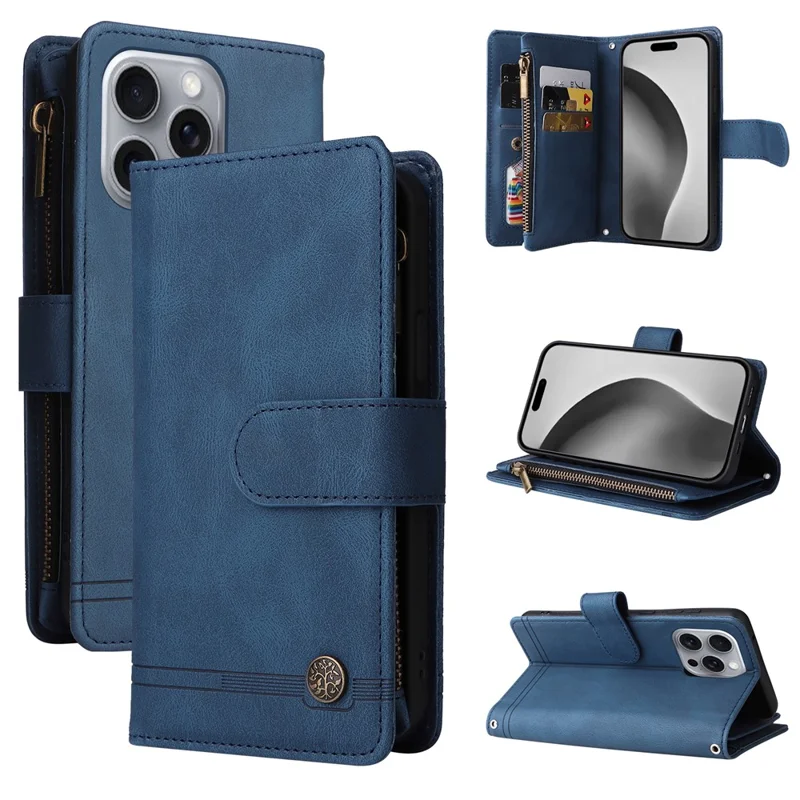 For iPhone 16 Pro Max Case Zipper Pocket Hand Strap Leather Phone Cover - Blue