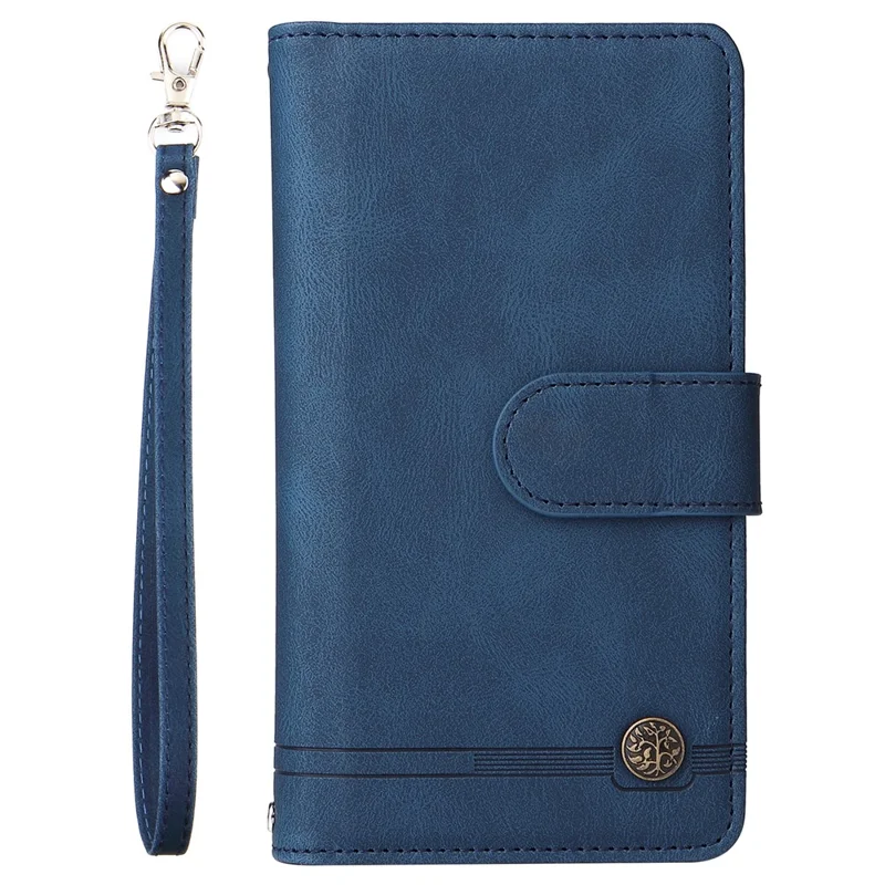 For iPhone 16 Pro Max Case Zipper Pocket Hand Strap Leather Phone Cover - Blue