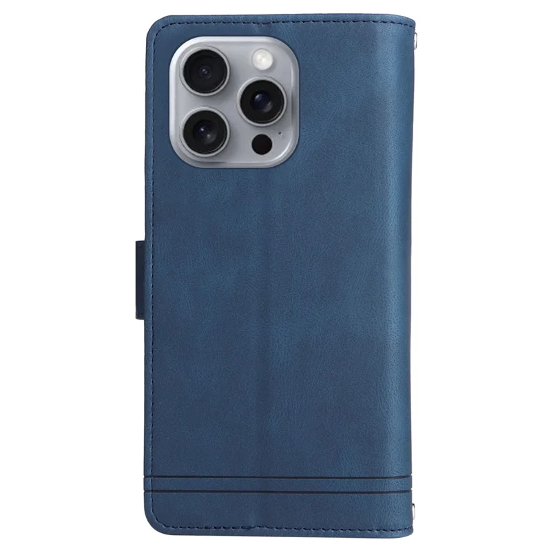 For iPhone 16 Pro Max Case Zipper Pocket Hand Strap Leather Phone Cover - Blue