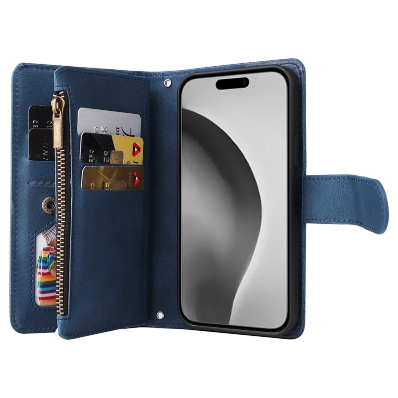 For iPhone 16 Pro Max Case Zipper Pocket Hand Strap Leather Phone Cover - Blue