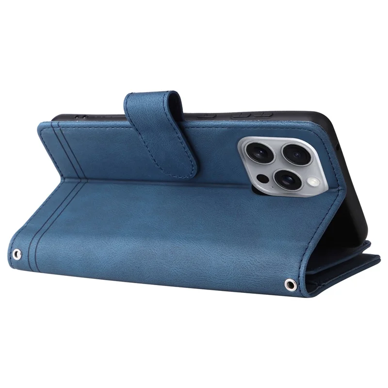 For iPhone 16 Pro Max Case Zipper Pocket Hand Strap Leather Phone Cover - Blue