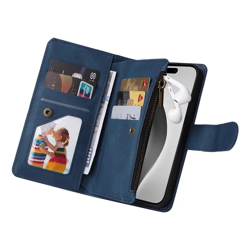 For iPhone 16 Pro Max Case Zipper Pocket Hand Strap Leather Phone Cover - Blue