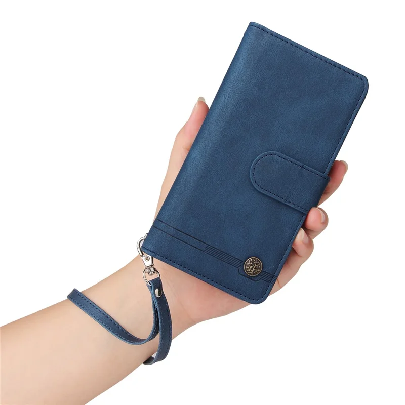 For iPhone 16 Pro Max Case Zipper Pocket Hand Strap Leather Phone Cover - Blue