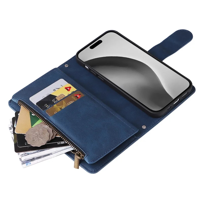 For iPhone 16 Pro Max Case Zipper Pocket Hand Strap Leather Phone Cover - Blue