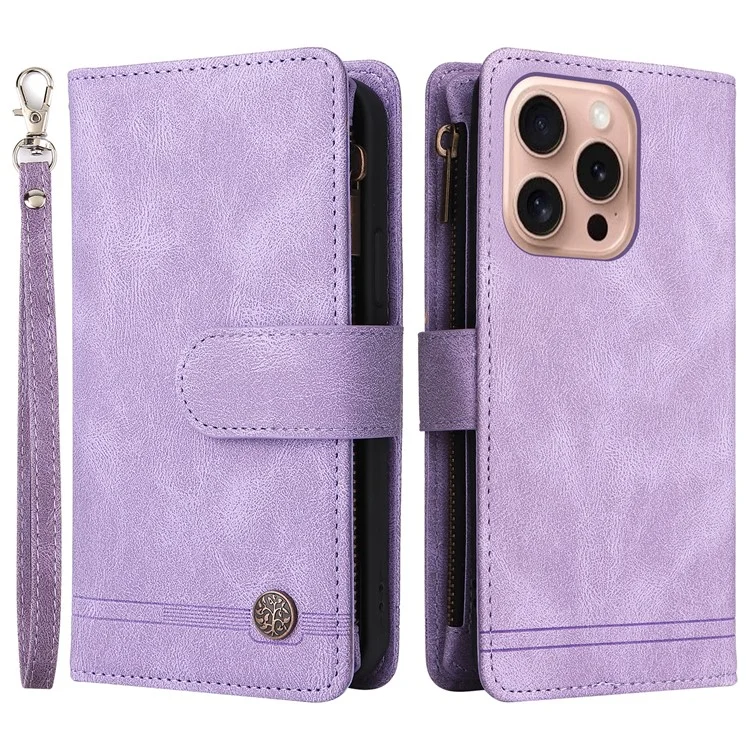 Para iPhone 16 Pro Case Leather Folio Wallet Phone Cover com suporte Zipper Pocket - Roxo