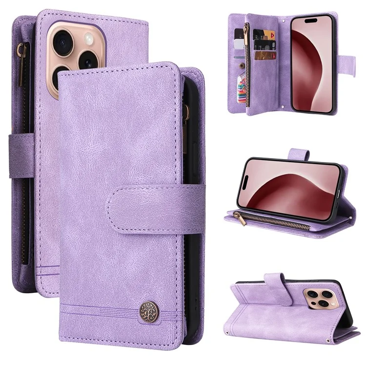 Para iPhone 16 Pro Case Leather Folio Wallet Phone Cover com suporte Zipper Pocket - Roxo
