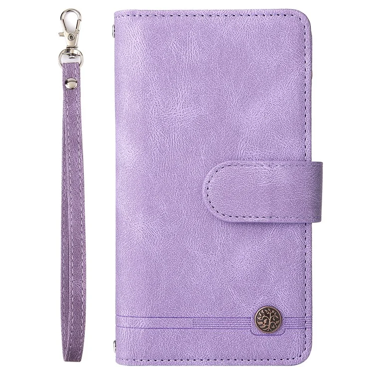 Para iPhone 16 Pro Case Leather Folio Wallet Phone Cover com suporte Zipper Pocket - Roxo