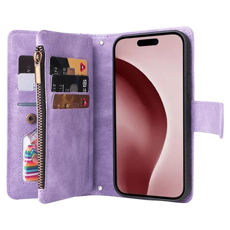 Para iPhone 16 Pro Case Leather Folio Wallet Phone Cover com suporte Zipper Pocket - Roxo