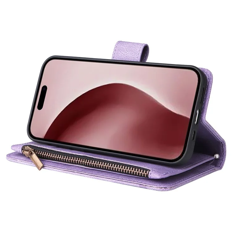 Para iPhone 16 Pro Case Leather Folio Wallet Phone Cover com suporte Zipper Pocket - Roxo