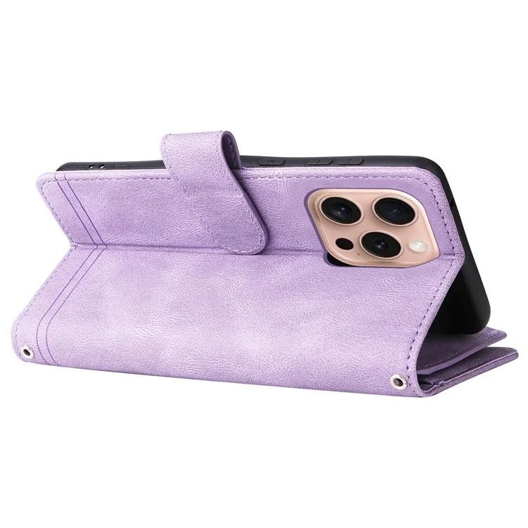 Para iPhone 16 Pro Case Leather Folio Wallet Phone Cover com suporte Zipper Pocket - Roxo