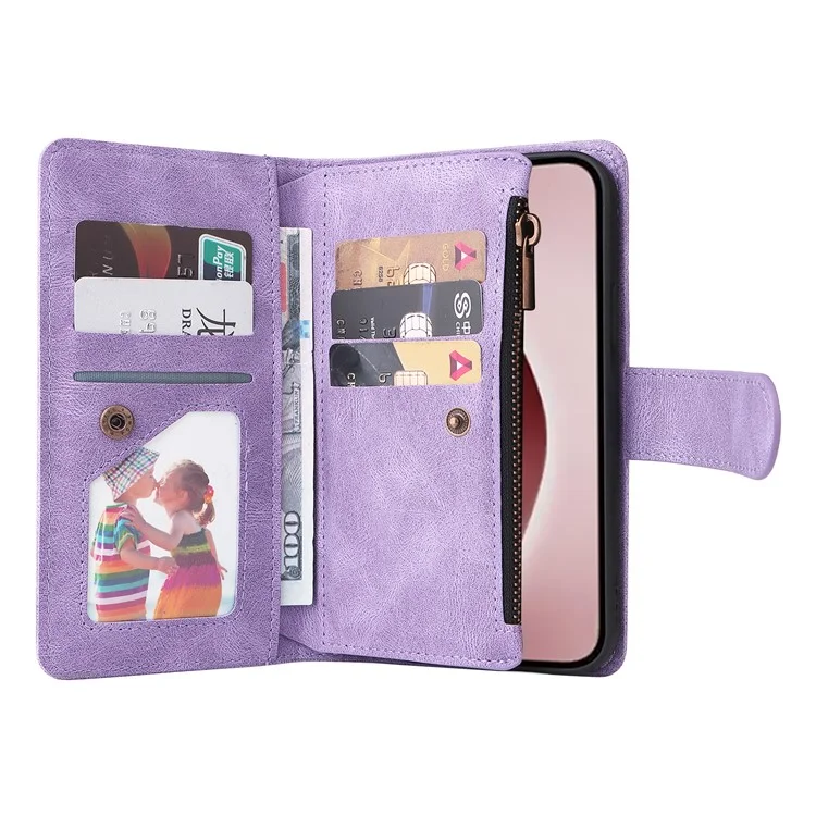 Para iPhone 16 Pro Case Leather Folio Wallet Phone Cover com suporte Zipper Pocket - Roxo