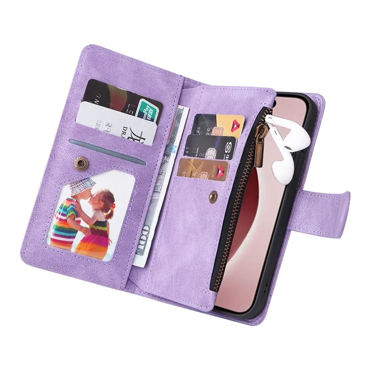 Para iPhone 16 Pro Case Leather Folio Wallet Phone Cover com suporte Zipper Pocket - Roxo