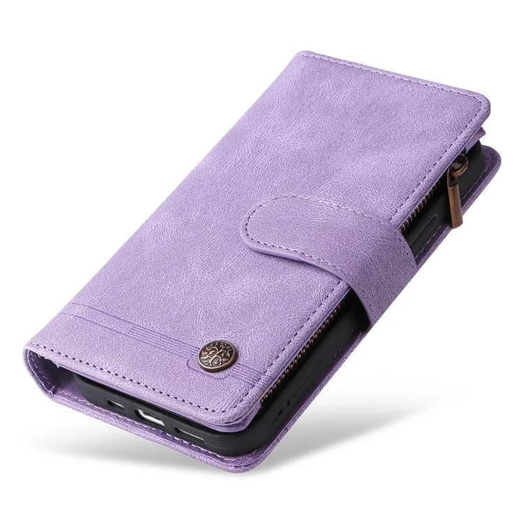 Para iPhone 16 Pro Case Leather Folio Wallet Phone Cover com suporte Zipper Pocket - Roxo