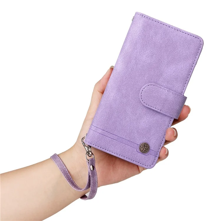 Para iPhone 16 Pro Case Leather Folio Wallet Phone Cover com suporte Zipper Pocket - Roxo
