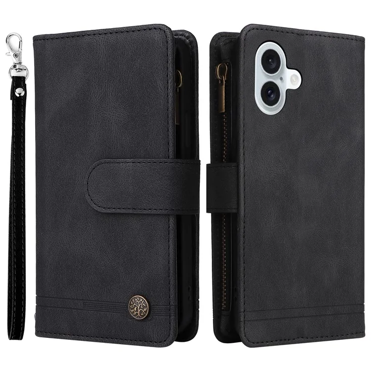 Para iPhone 16 Plus Case Zipper Pocket Leather Flip Phone Cover with Hand Strap - Black