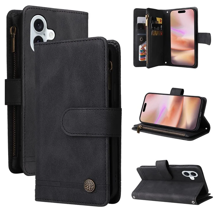 Para iPhone 16 Plus Case Zipper Pocket Leather Flip Phone Cover with Hand Strap - Black