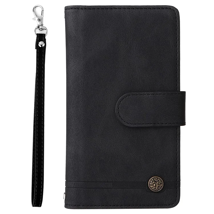Para iPhone 16 Plus Case Zipper Pocket Leather Flip Phone Cover with Hand Strap - Black