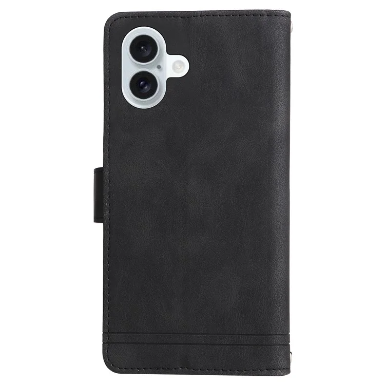 Para iPhone 16 Plus Case Zipper Pocket Leather Flip Phone Cover with Hand Strap - Black