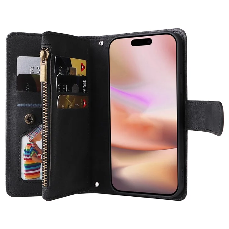 Para iPhone 16 Plus Case Zipper Pocket Leather Flip Phone Cover with Hand Strap - Black