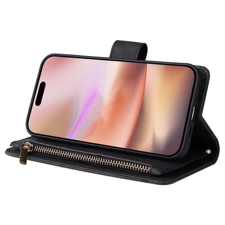 Para iPhone 16 Plus Case Zipper Pocket Leather Flip Phone Cover with Hand Strap - Black