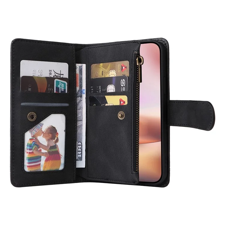 Para iPhone 16 Plus Case Zipper Pocket Leather Flip Phone Cover with Hand Strap - Black