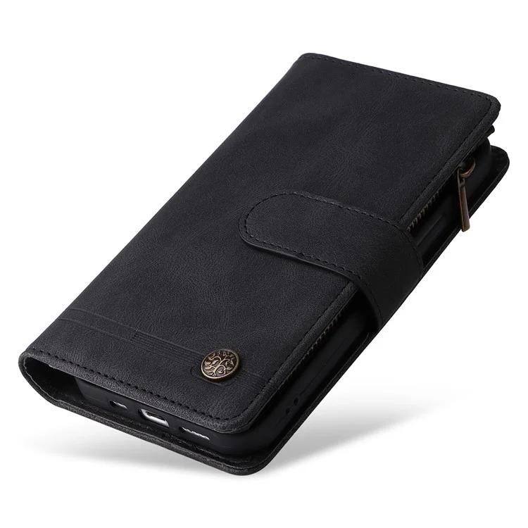 Para iPhone 16 Plus Case Zipper Pocket Leather Flip Phone Cover with Hand Strap - Black