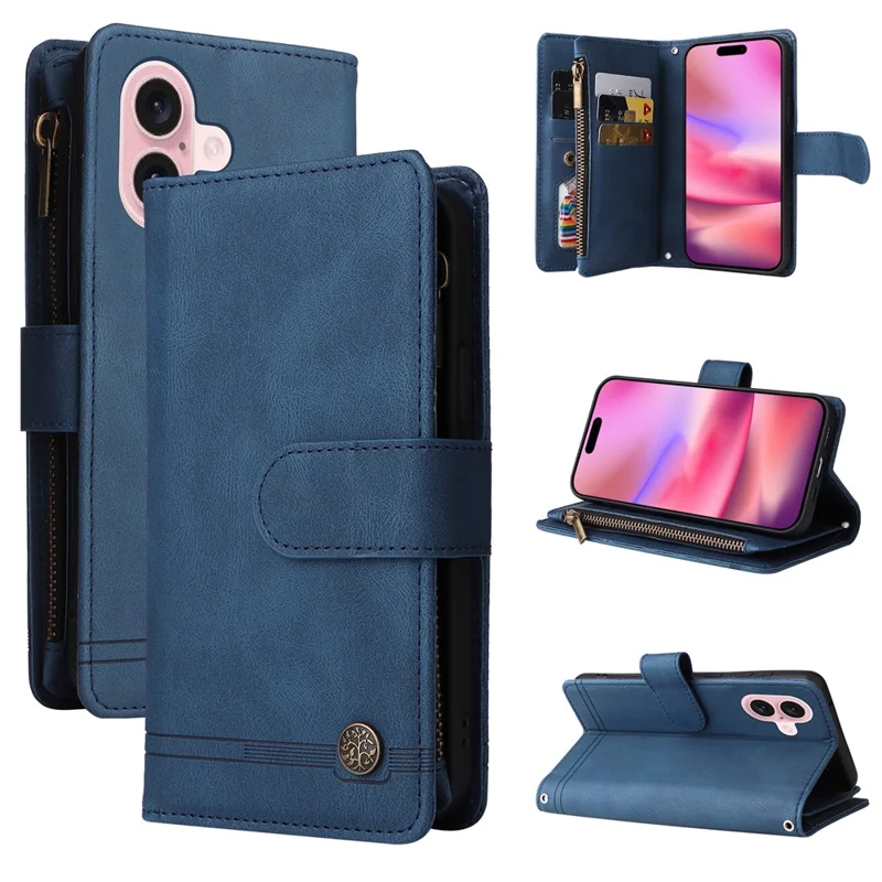 For iPhone 16 Leather Case Zipper Pocket Protective Phone Cover - Blue
