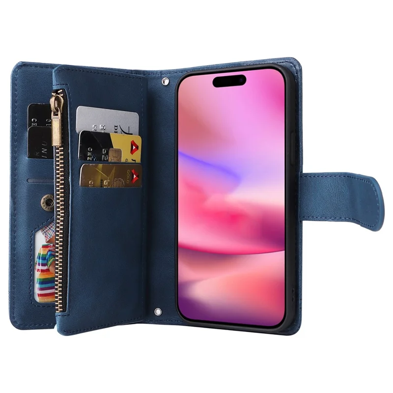 For iPhone 16 Leather Case Zipper Pocket Protective Phone Cover - Blue