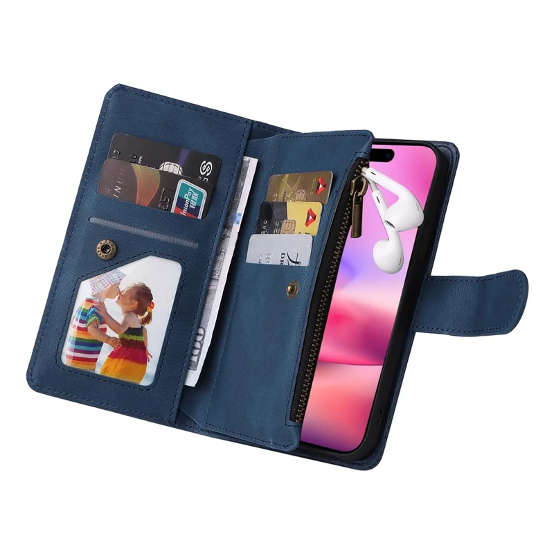 For iPhone 16 Leather Case Zipper Pocket Protective Phone Cover - Blue