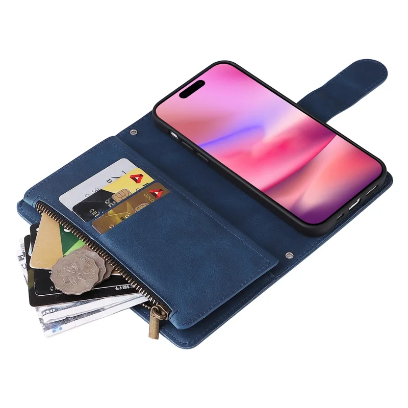 For iPhone 16 Leather Case Zipper Pocket Protective Phone Cover - Blue