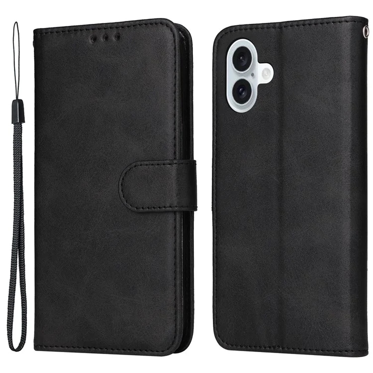 For iPhone 16 Plus Leder-Wallet-Hülle Kalbsstruktur Magnetverschluss Handyhülle - Schwarz