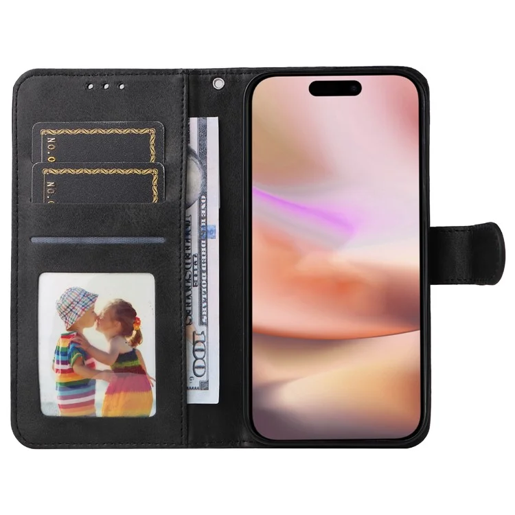 For iPhone 16 Plus Leder-Wallet-Hülle Kalbsstruktur Magnetverschluss Handyhülle - Schwarz