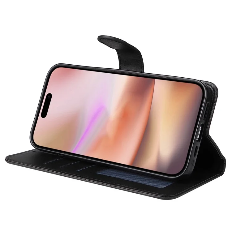 For iPhone 16 Plus Leder-Wallet-Hülle Kalbsstruktur Magnetverschluss Handyhülle - Schwarz