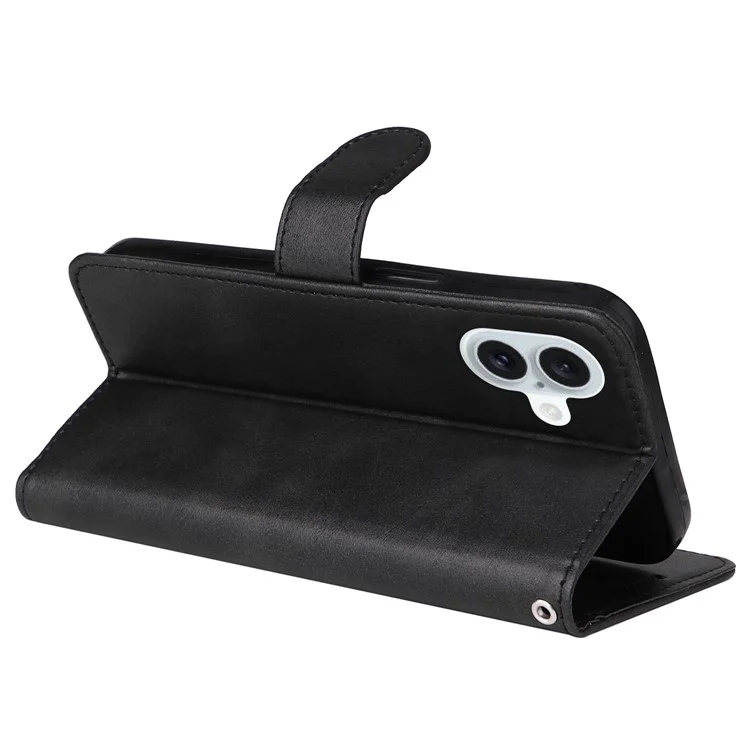 For iPhone 16 Plus Leder-Wallet-Hülle Kalbsstruktur Magnetverschluss Handyhülle - Schwarz