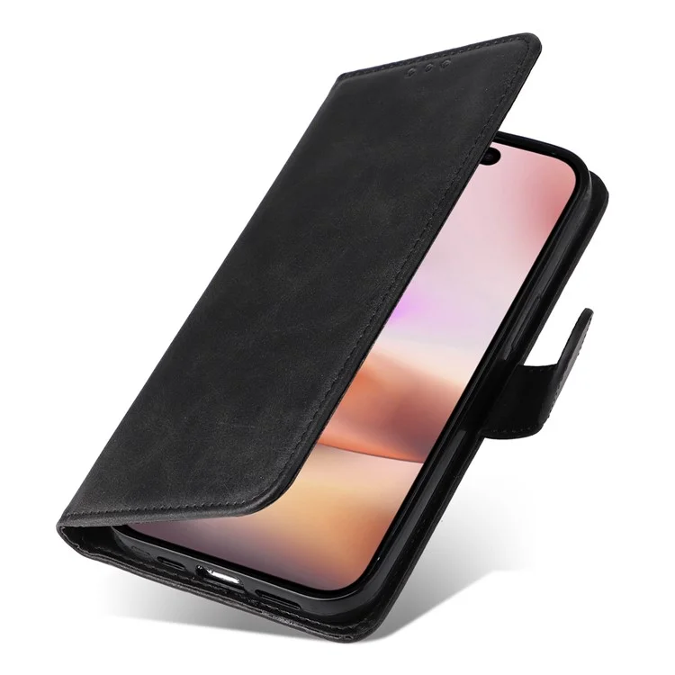 For iPhone 16 Plus Leder-Wallet-Hülle Kalbsstruktur Magnetverschluss Handyhülle - Schwarz