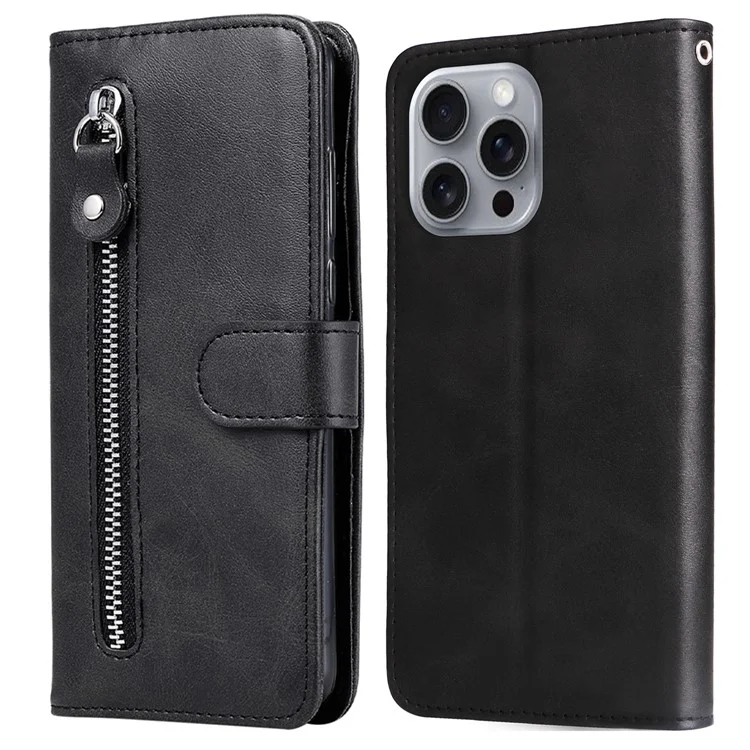 Para iPhone 16 Pro Max Case Zipper Pocket Flip Shockproof Leather Phone Cover - Preto