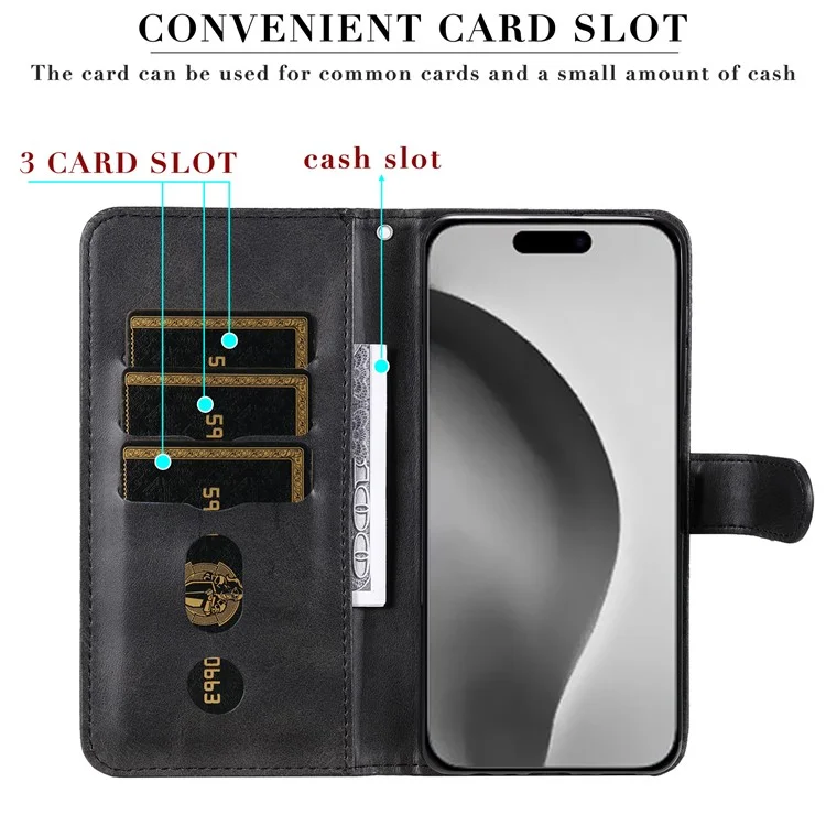 Para iPhone 16 Pro Max Case Zipper Pocket Flip Shockproof Leather Phone Cover - Preto