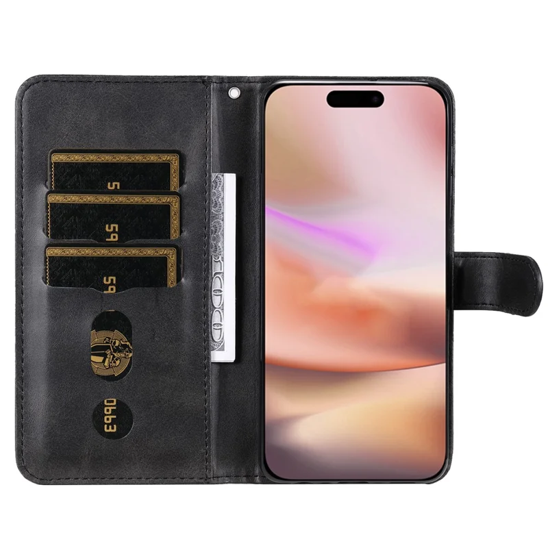 For iPhone 16 Plus Case PU Leather Card Slots Zipper Pocket Phone Cover - Black