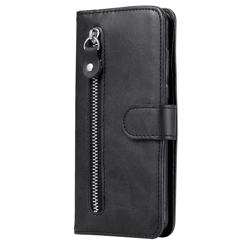 For iPhone 16 Plus Case PU Leather Card Slots Zipper Pocket Phone Cover - Black