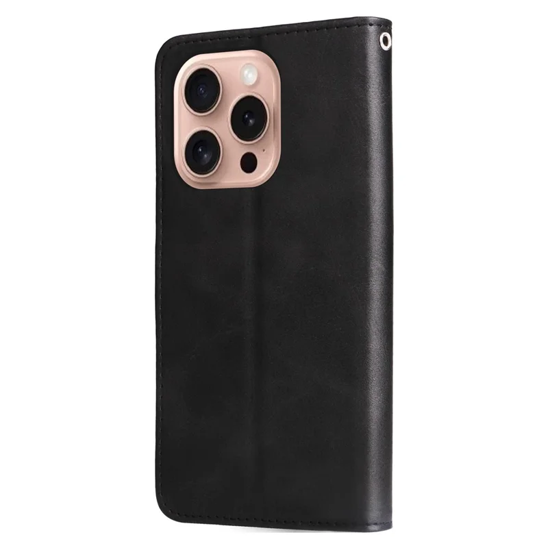 For iPhone 16 Pro Case Zipper Pocket Wallet Shockproof PU Leather Phone Cover - Black