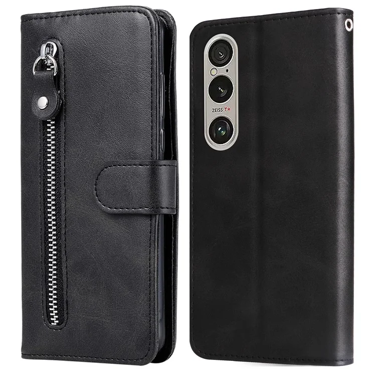 Для чехла Sony Xperia 1 VI Card Slots Zipper Wallet PU Leather Phone Cover - Black