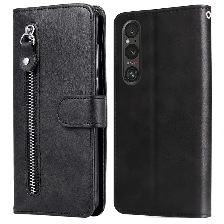 For Sony Xperia 1 V Case Leather Folio Wallet Phone Cover with Zipper Pocket - Black